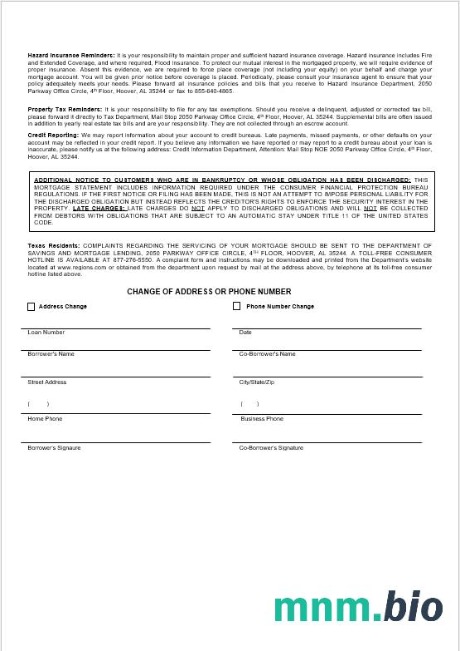 USA Regions Bank wyciąg z kredytu hipotecznego w formatach Word i PDF 3